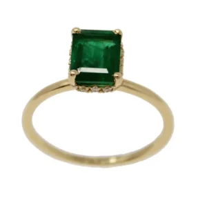 Step cut Columbian Emerald with a hidden diamond halo set in 14k yellow gold