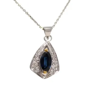14kt white gold necklace with a Marquis cut Sapphire set in yellow gold 2 prongs and sparkling round diamond halo