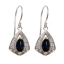 14 kt white gold earrings with Marquis Sapphires set in yellow gold prongs and 16 glistening round diamond halos